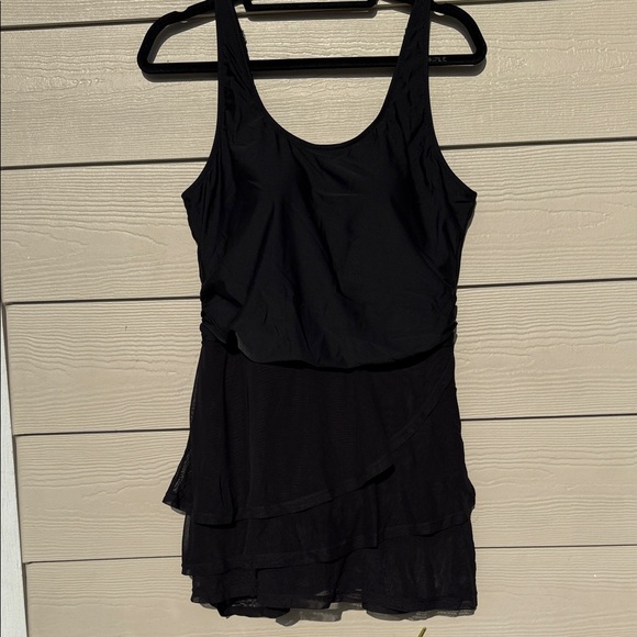 NWT One Piece Tummy Control Modest Swim Dress Rushed Bathing Suit Mesh Skirt - Picture 2 of 7